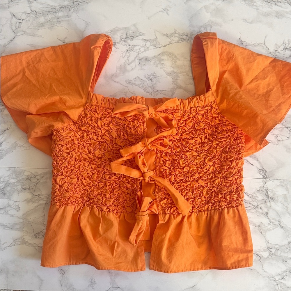 Anthropologie Mare Mare Orange Cropped Smocked Bow Tie Blouse Tank XS - Picture 5 of 7